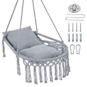 Gray Boho Macrame Hanging Swing Chair with 2 Padded Cushions, 330LBS Capacity Hammock Chair for Indoor Outdoor Bedroom Patio Balcony (Option: Default Title)